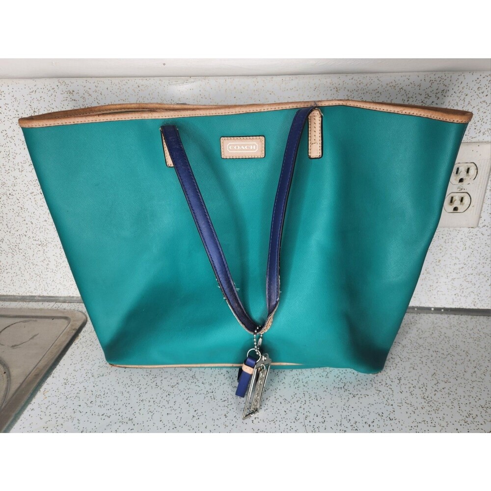 Coach Park Metro Teal Green Leather Large Tote Shoulder Bag Purse w/ Charms